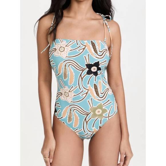 NWOT ULLA JOHNSON Swimsuit One-Piece L“Marisol Maillot”Floral Bow-Tie LaceUpBack - Picture 1 of 15